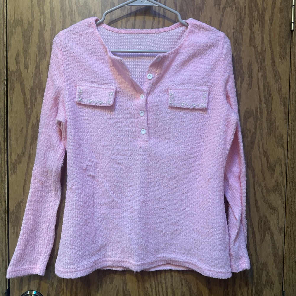 Fuzzy Tee With Pearl Accents